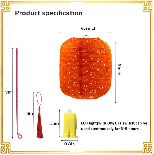 Vista 8 de 12 linternas de papel chinas, japonesas con luces LED, barra de borla, 8 pulgadas, ovaladas, decorativas, para decoración de Año Nuevo, decoración