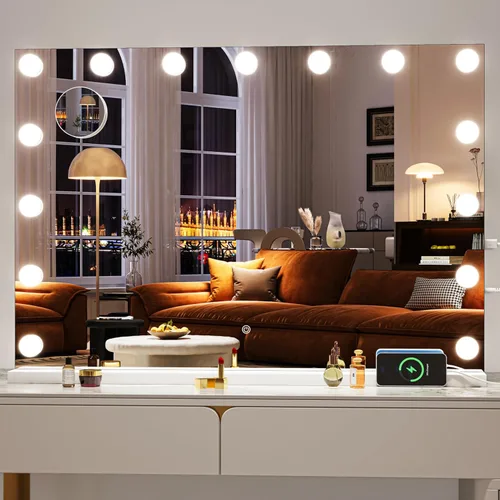 Vista 13 de Hasipu Espejo de tocador con luces, espejo Hollywood de 24 x 20 pulgadas, espejo de maquillaje con 17 bombillas regulables y aumento de 10X, 3 modos