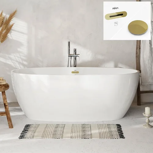 Vista 30 de FerdY Tahití - Bañera de acrílico independiente de 55 pulgadas, elegante bañera de remojo de forma ovalada, blanco brillante, drenaje dorado