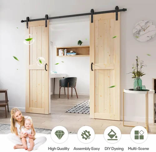 Vista 2 de Losa de puerta corredera de madera de granero de 48 x 84 pulgadas (puerta doble de 24 x 84 pulgadas) con kit de herramientas de 8 pies, requiere un