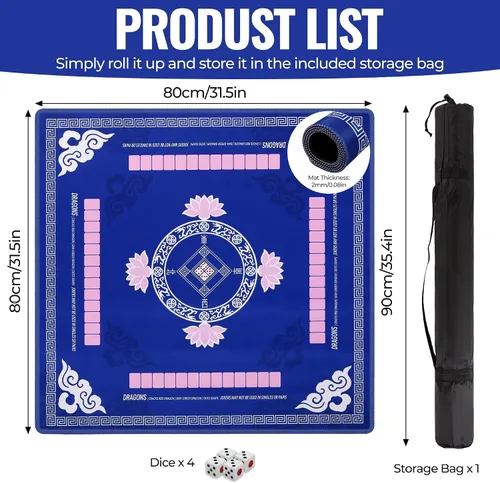 Vista 4 de Mahjong Mat para mesa con reglas 4 dados y bolsa 31.5 x 31.5 pulgadas, azul