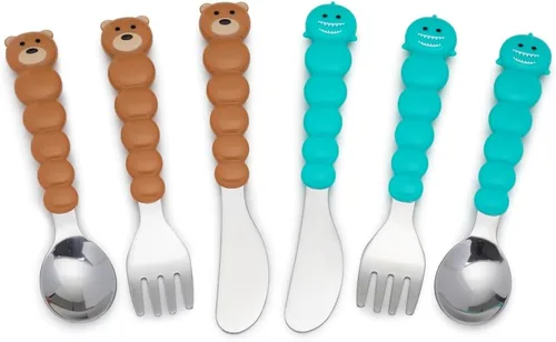melii Juego de cucharas y cuchillos de alimentación para niños y niños pequeños, acero inoxidable, Bulldog, gato, tiburón, oso, sin BPA, apto para