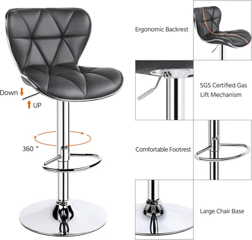 Vista 5 de Yaheetech Juego de 4 taburetes de bar, sillas de isla con respaldo de concha, sillas de bar de piel sintética ajustables, taburetes giratorios