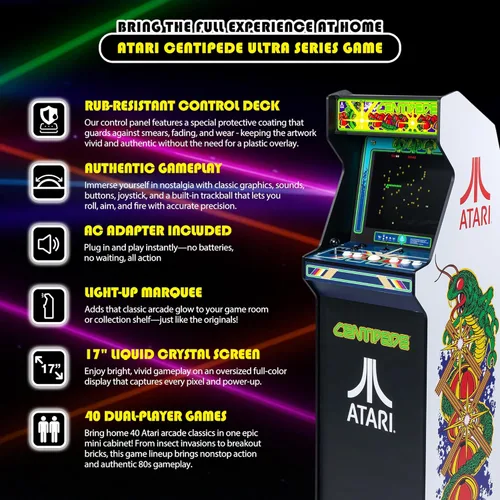 Vista 3 de Arcade Classics - Máquina de juego Atari Centipede Ultra Series, 40 juegos, pantalla de cristal líquido de 17" - Gabinete interior, Retro, consola