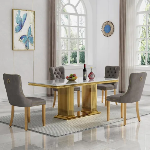 Vista 66 de Juego de mesa de comedor de 5 piezas para 4, mesa de cocina de mármol negro de 68 pulgadas con 4 sillas beige, mesa de comedor rectangular moderna