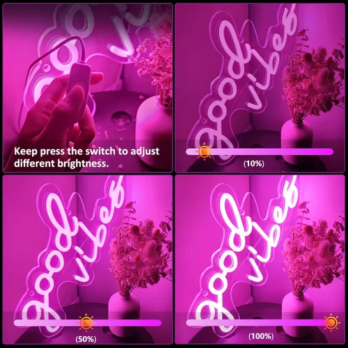 Vista 2 de Coconeon Good Vibes - Letrero de neón con interruptor regulable alimentado por USB, letreros de neón LED rosa para decoración de pared, luces