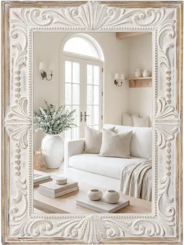 H HOMEWINS Espejo rectangular rústico, espejo de madera de granja de 22 x 30 pulgadas, estilo bohemio, para baño, decoración de cuentas naturales