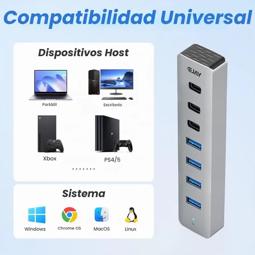 Vista 4 de Hub USB3.0 de 7 puertos, 4 USB-A y 3 USB-C multipuerto USB Splitter