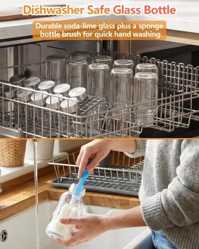 Vista 5 de Zukro Botellas de agua de vidrio de 8 onzas con tapas, botellas reutilizables de jugo transparente con tapa hermética de acero inoxidable