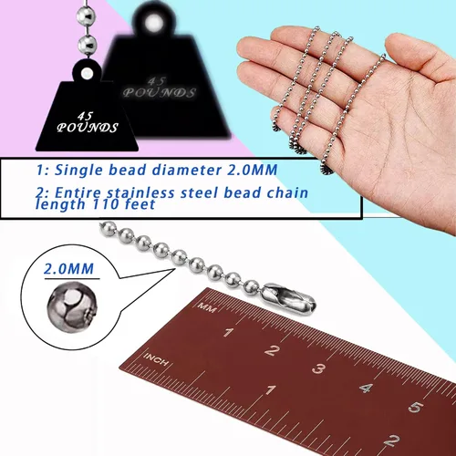 Vista 2 de Cadena de cuentas de bola de 0.079 pulgadas, cadenas extralargas de acero inoxidable de 110 pies, cadena de placa de identificación para perro