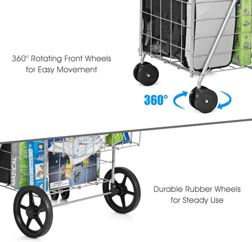 Vista 5 de Goplus Carrito de compras plegable jumbo con ruedas giratorias, carrito de comestibles plegable con ruedas con cesta doble, carrito de utilidad