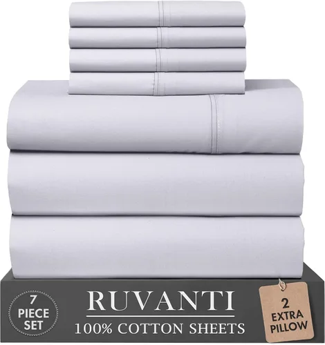 Vista 101 de RUVANTI Juego de sábanas de 4 piezas de algodón 100% natural de percal suave, ligero y transpirable, con bolsillos profundos de 16 pulgadas