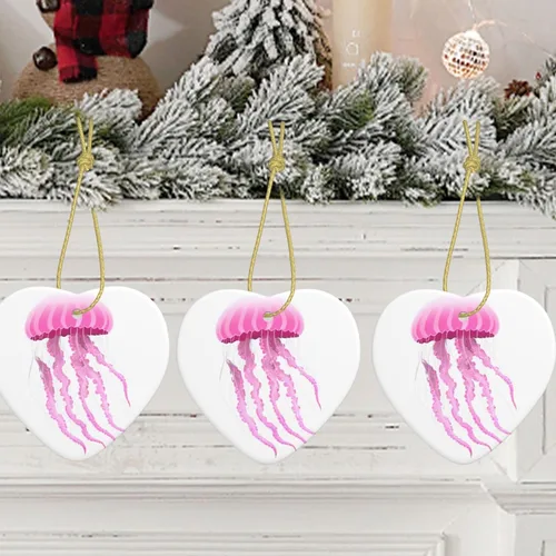 Vista 7 de Christmas Ceramic Love-Shaped Ornaments MSRHIUEF Pink Jellyfish Pattern Christmas Tree Accessories for Shopping malls Windows