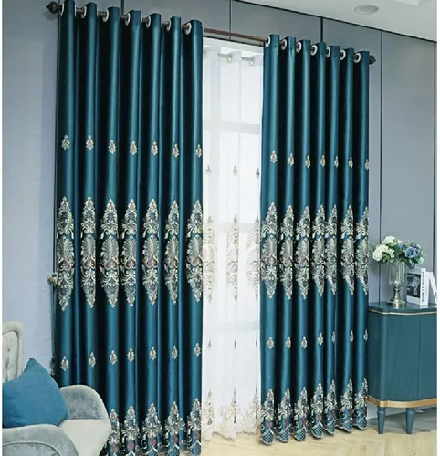 Vista 7 de Amidoudou 1 par de cortinas bordadas jacquard europeas de lujo para sala de estar y dormitorio (azul, 51 x 84 pulgadas)