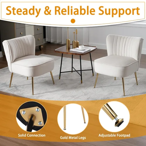 Vista 6 de ABET Juego de 2 sillas decorativas, sillas de terciopelo sin brazos para sala de estar con respaldo de ala copetuda y patas de metal dorado, cómodas