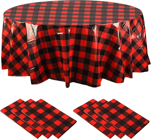 Vista 18 de Mantel Desechable de Cuadros Redondo de Plástico Buffalo Plaid Mantel de Mesa de 84'' Cubierta de Mesa Gingham para Picnic Camping BBQ Fiesta