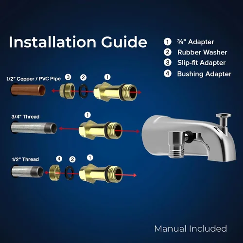 Vista 5 de Boquilla de tina completamente metálica con desviador y conexión integrada para manguera de ducha, acabado cromado, se ajusta a rosca de 1/2" o 3/4