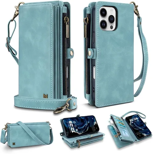 Vista 64 de Funda Cartera para Teléfono iPhone Air con 8 Portarjetas, Bloqueo RFID Cuero PU Soporte Abatible Correa de Muñeca y Correa para el Hombro