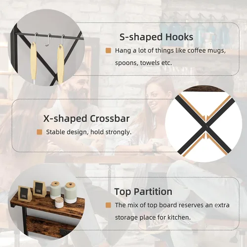 Vista 27 de Shintenchi Estante para panaderos con toma de corriente, gran espacio de almacenamiento, barra de café de 10 ganchos con panel de alambre de metal