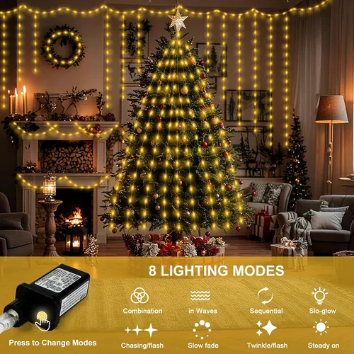 Vista 5 de Luces de Navidad de 262 pies, 800 luces LED para exteriores, alambre transparente para árbol de Navidad con 8 modos impermeables, tira de luces