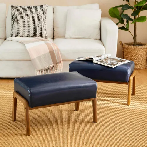Vista 12 de Glitzhome Juego de 2 bancos otomanos rectangulares, moderno reposapiés de cuero sintético café con patas de madera de caucho de nogal para sala