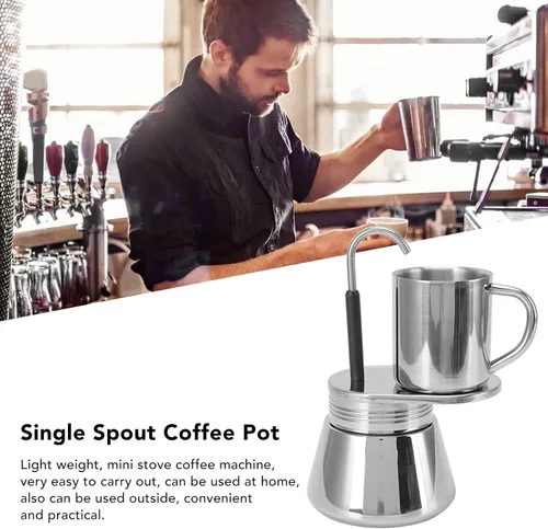 Vista 3 de Olla de boquilla individual, mini cafetera espresso con taza, juego de olla italiana de acero inoxidable, cafetera de café DIY para acampar