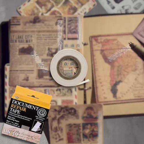 Vista 5 de Lineco, cinta de reparación de documentos de archivo, 2,5 cm x 30 m, sin ácidos y translúcida, para reparación de documentos en papel, libros