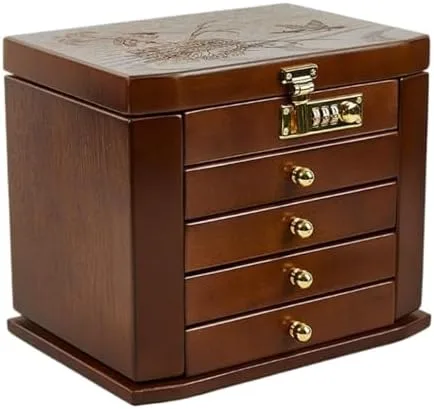Vista 3 de Solid Wood Jewelry Box with Lock - Large Capacity Multifunctional Storage Display Box for Wedding & Birthday, Retro Design, Lid Included