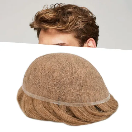 Vista 34 de Toupee - Sistema de reemplazo de piezas de cabello humano real, encaje suizo suave frontal para hombre, nudo blanqueado, línea capilar natural