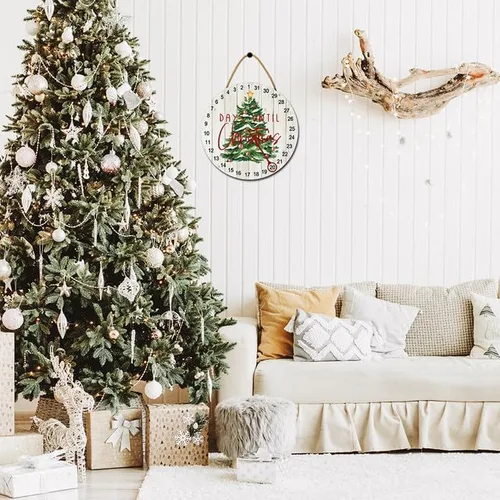 Vista 3 de Calendario de Adviento de Navidad, calendario de cuenta regresiva, decoración redonda de madera, letrero de árbol de Navidad, decoración de casa