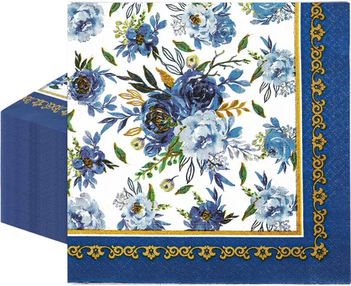 AnyDesign Paquete de 80 servilletas de papel florales azul marino con flores azules y blancas, servilletas de almuerzo desechables con marco dorado,