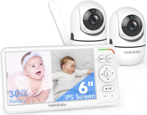 HelloBaby - Monitor de bebé con 2 cámaras, primera pantalla dividida IPS de 6 pulgadas, pantalla y cámaras dobles, sin WiFi, batería de 30 horas,