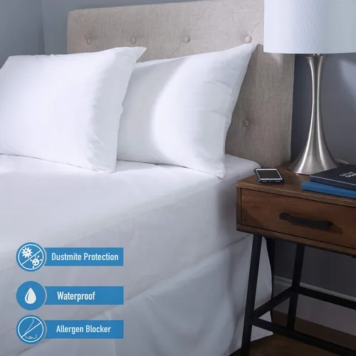 Vista 2 de Home Details Protector de colchón Twin Deluxe Funda de cremallera completa Impermeable Ajuste elástico de 12 pulgadas de profundidad Blanco