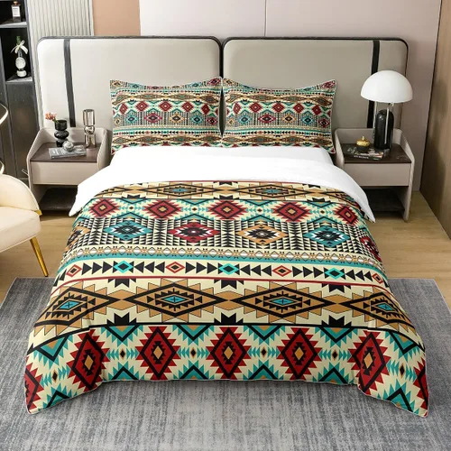 Vista 13 de Juego de ropa de cama azteca 100% algodón, funda de edredón étnica tribal con flecha, funda de edredón vintage del suroeste nativo bohemio, juego