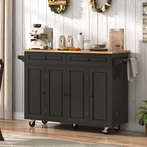 Vista 8 de Isla de cocina rodante de 55" de ancho con hoja abatible – Carritos de cocina móviles sobre ruedas, isla con gabinete de almacenamiento, mesa isla