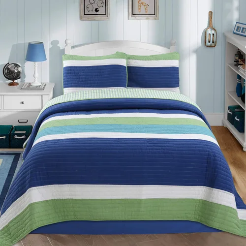 Cozy Line Home Fashions Waylon - Juego de edredón reversible a rayas 100% algodón, color azul marino, verde y blanco, colcha (azul/verde,
