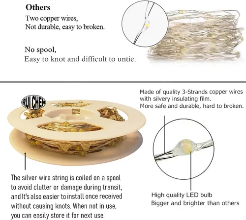 Vista 4 de RUICHEN Guirnalda de luces LED de alambre plateado con carrete de 99 pies, 300 luces LED de 99 pies, color blanco frío