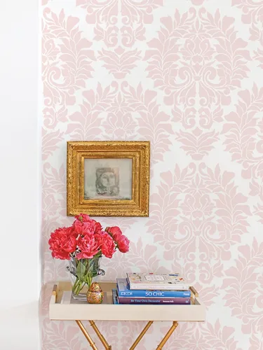 Vista 3 de Simple Shapes Papel tapiz clásico de damasco, despegar y pegar (hoja individual de 2 x 5 pies, rosa rubor)