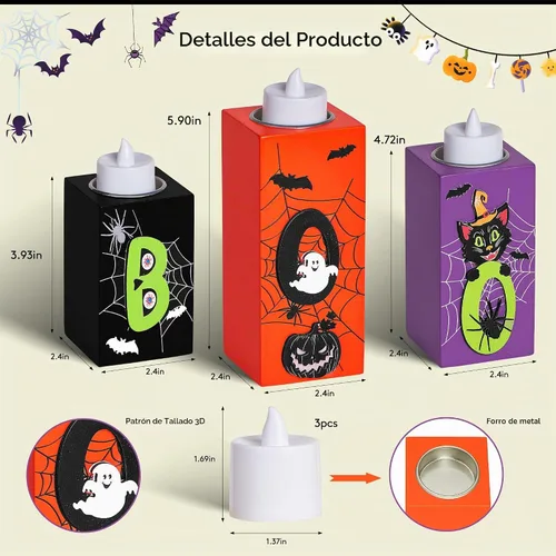Vista 3 de BlcTec Decoraciones de Halloween, 3 PIEZAS Portavelas de Madera de Halloween con Luces de Té LED y Tallado 3D, Centros de Mesa de Velas de Madera