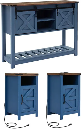 Vista 25 de Juego de mesa auxiliar de granja con estación de carga, mesas de sala de estar con almacenamiento oculto, mesas de noche cuadradas de madera, mesita