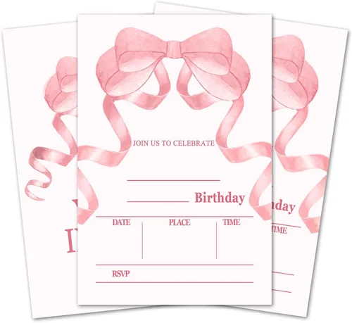 Vista 12 de Tarjetas de invitación de cumpleaños con lazo rosa, invitaciones de fiesta de cumpleaños para niñas, decoraciones y suministros para fiestas