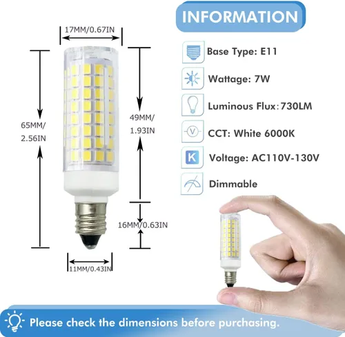 Vista 2 de Bombilla LED E11 7W regulable Mini Candelabro Base 75W Halógeno Equivalente, T3/T4 JD Bombilla LED Maíz para Candelabros de Interior Gabinete Blanco