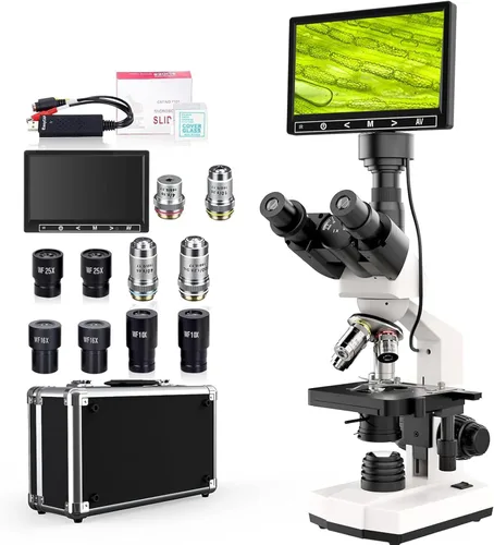Microscopio compuesto trinocular de laboratorio con aumento 40X-2500X, microscopio de doble visión para adultos, niños y estudiantes con pantalla de