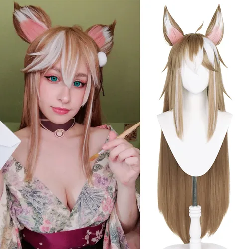 SL - Peluca marrón con orejas para cosplay, disfraz de anime marrón mezclado con blanco, linda, larga y recta, pelucas de pelo de elfo + gorra