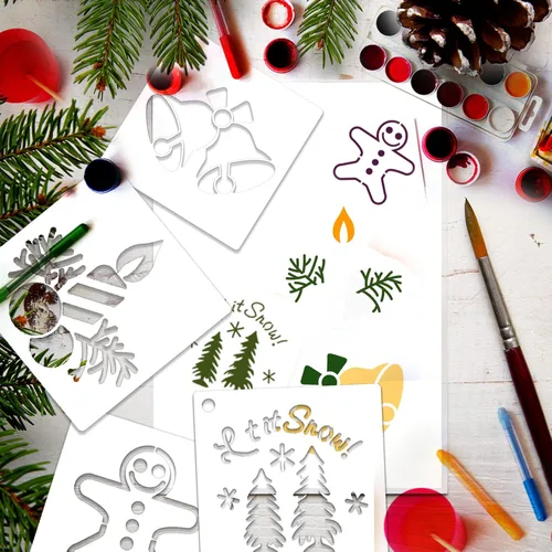 Vista 3 de 24 plantillas de Navidad para pintar sobre madera, pequeños copos de nieve reutilizables de Papá Noel, árbol de Navidad, plantillas de pintura