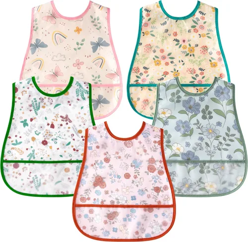 Vista 7 de R HORSE Juego de 5 baberos para bebés con bolsillo para atrapar migas y botón a presión, baberos impermeables para bebés de 6 a 24 meses