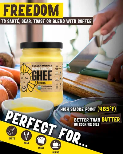 Vista 4 de GOLDEN MONKEY Mantequilla de ghee orgánica – Mantequilla clarificada alimentada con pasto para cocinar, hornear, keto y salud intestinal