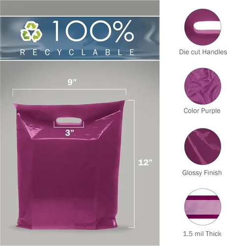 Vista 2 de Purple Merchandise - Bolsas de plástico para compras, paquete de 100 unidades de 9 x 12 pulgadas con 1.5 mil de grosor, asas troqueladas, perfectas