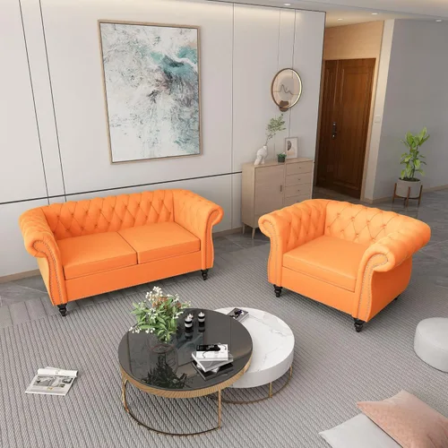 Vista 37 de Juego de 2 piezas para sala de estar, sofá loveseat Chesterfield de terciopelo con silla, brazos enrollados y tachuelas para sala de estar, oficina