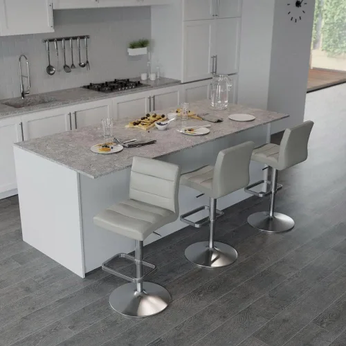 Vista 127 de Zuri Muebles Taburete de bar moderno de altura ajustable gris exuberante con base plana redonda cepillada